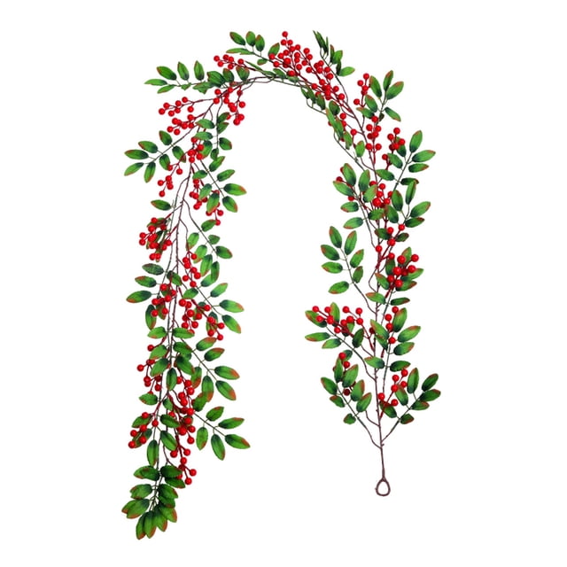 TIELUTT Guirlande de Baies Rouges avec Feuilles Vertes Guirlande de Baies de Noël Filaire Branche de Baies Grande Couronne de Fleurs Séchées de Noël Extérieure Couronne de Perles pour Porte d'Entrée d'Hiver Saint-Valentin pour Porte d'Entrée