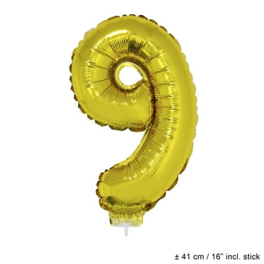 Funny Fashion Number 9 Solid Shape Mylar Metallic Gold 16" Graduation Number Foil Air-Fill Balloon w Stick