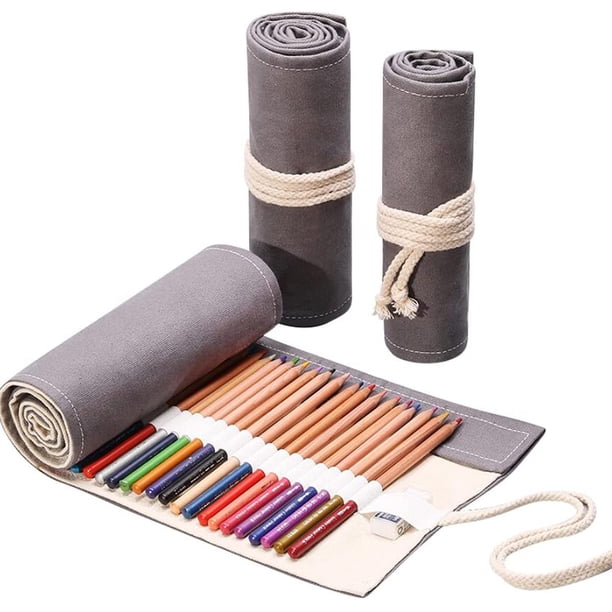 Rollo de lápiz, lienzo para colorear, rollo de lápiz, 36/48/72 ranuras, envoltura de lápiz de artista (lápices no incluidos), estuche para lápices, papelería de lona (gris, 48 ranuras) 72 ranuras