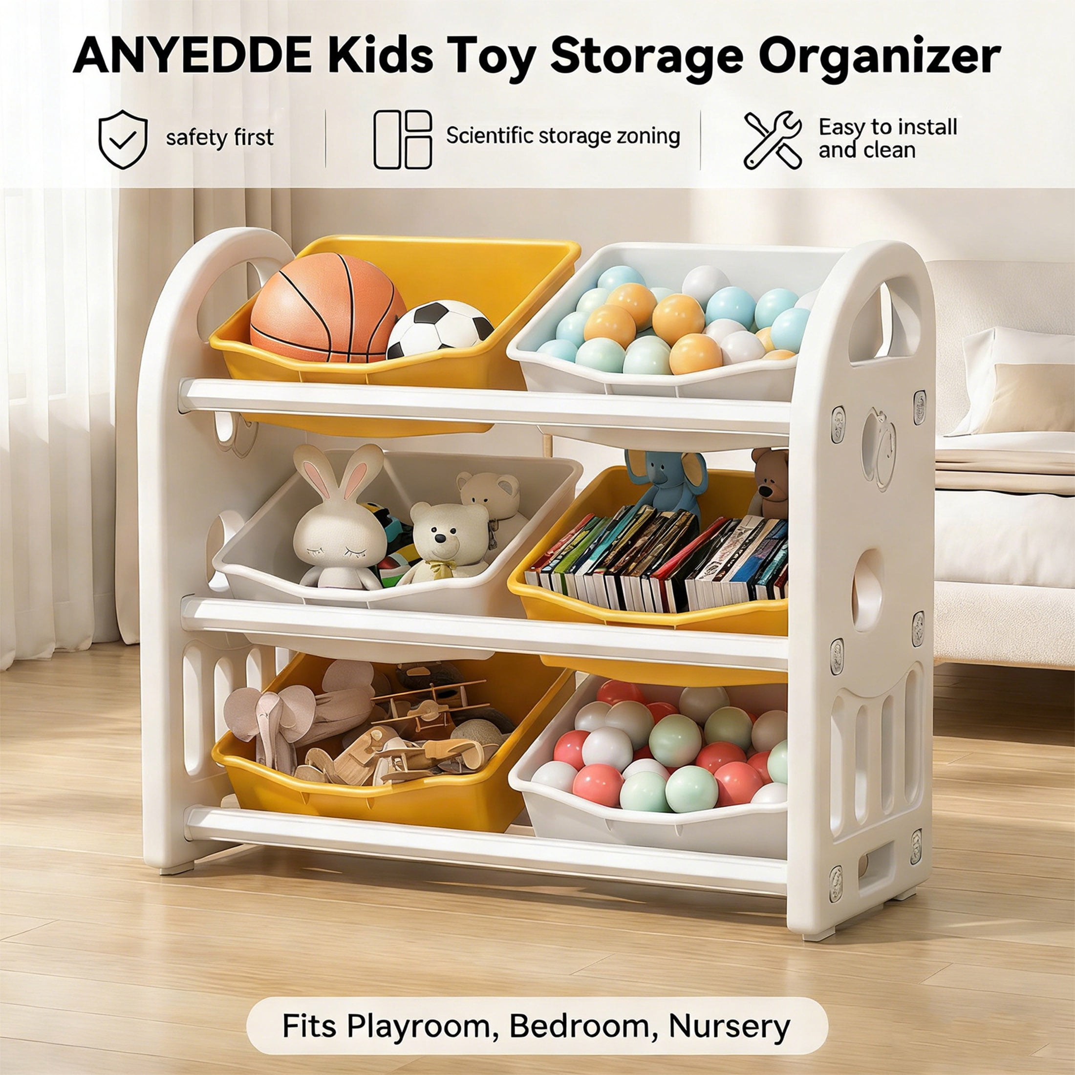 ANYEDDE Toy Storage Organizer with 3-layer structure and 6 Bins,Bookshelf/Bookcase, Kids Bin Shelf,Toys Box for Playroom Organization for Bedroom & Room Decor,Yellow White