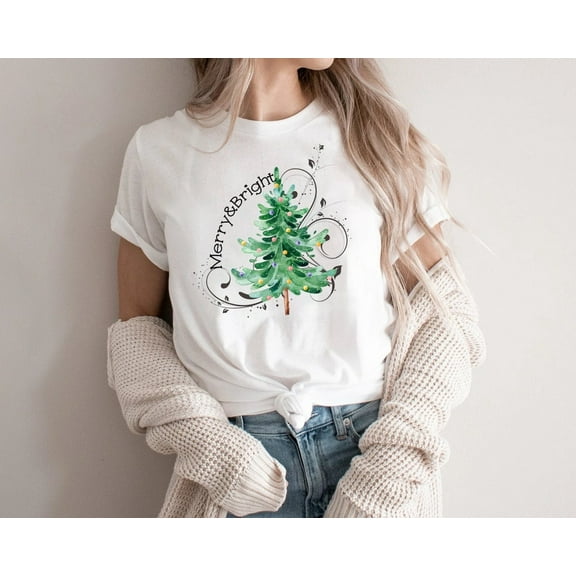 Merry and Bright Christmas Tree Womens Holiday Shirt Cute Xmas Tee Top