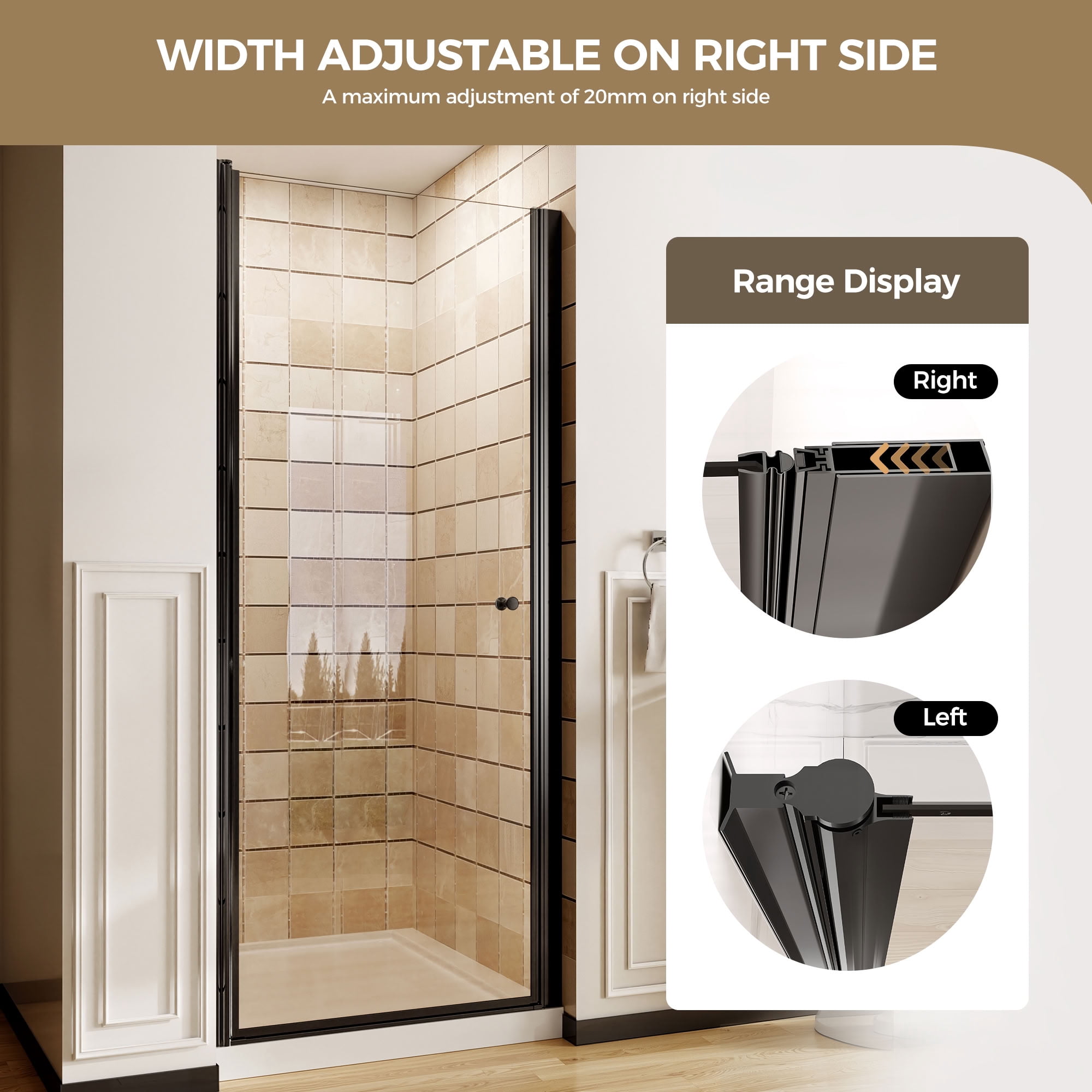 MAYEERTY Frameless Pivot Shower Door, Matte Black, 1/4" Tempered Glass with Explosion-Proof Film, Waterproof & 180° Pivot