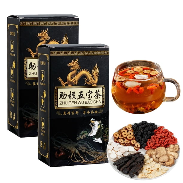 Ginseng Cinco Tesoros Té Té de Riñón, Fórmula de Té de Riñón Ginseng Cinco Tesoros Té, Elementos Esenciales para Hombres Té de Riñón de Cinco Sabores, Té de Ginseng de Hierbas Chinas para Hombres Tónicos (2 Pzas)