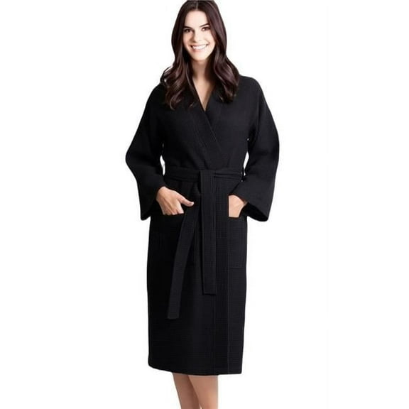 Womens Waffle Black Long Premium Cotton Blend Bathrobe - Small