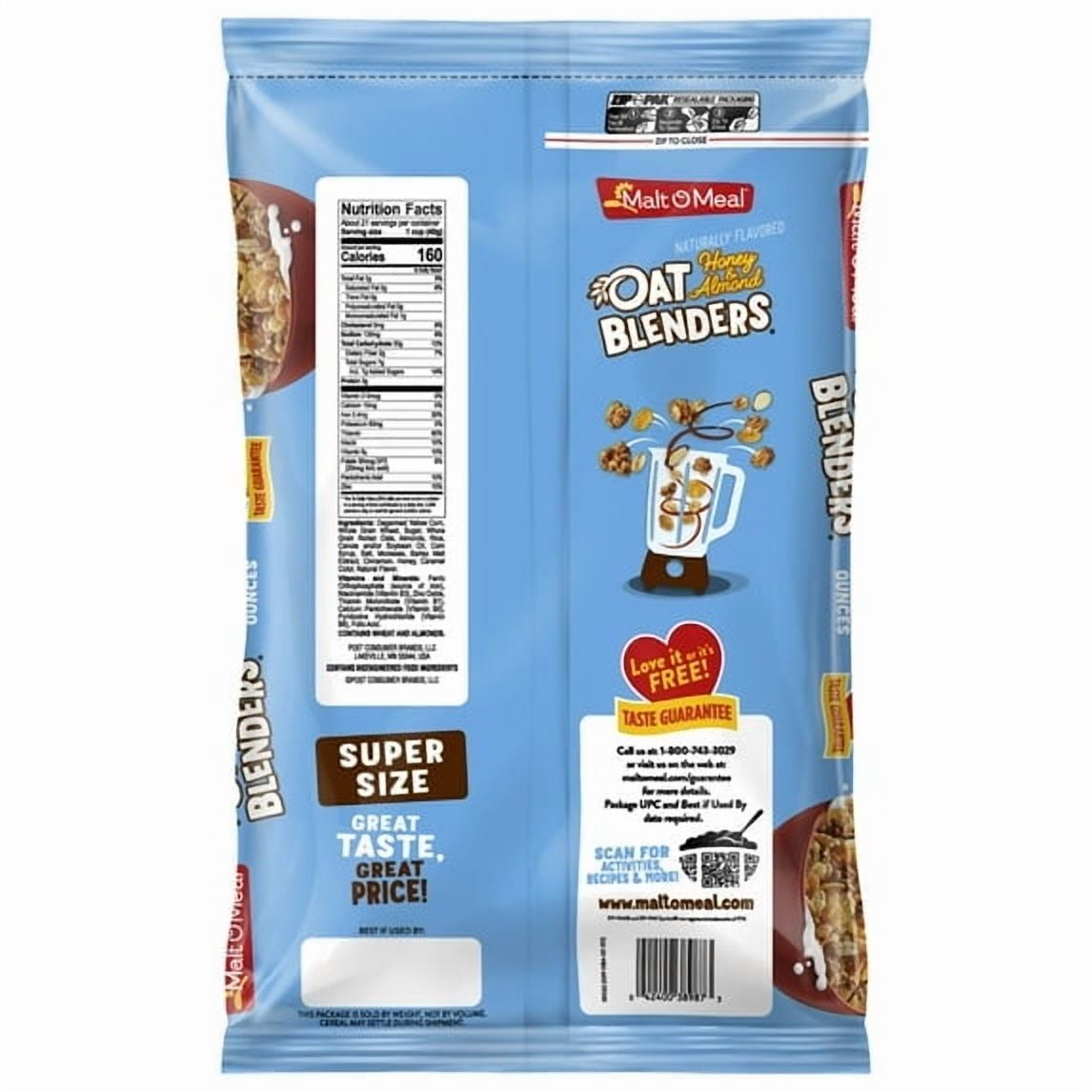 Malt-O-Meal Honey & Oat Blenders® with Almonds Breakfast Cereal, Family Size Bag, Crunchy 30oz Bag(pack of 2)