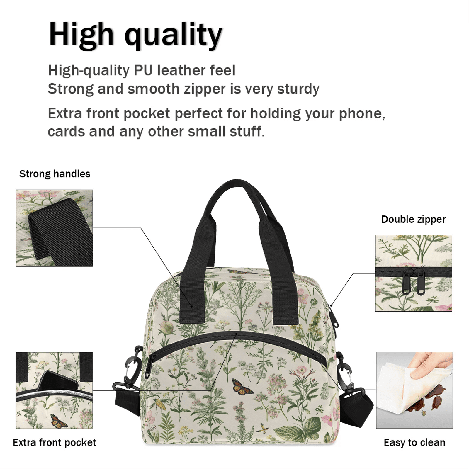 Herdesigns Wildflowers Botanical Floral Plant Insulated Lunch Bag for Women Men Adult, Reusable Insulated Cooler Lunch Box Lunch Tote Bag for Work Picnic Beach