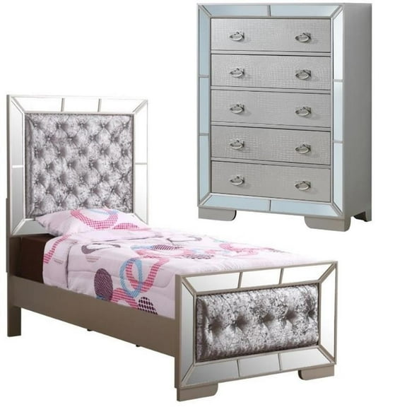 Home Square 2-Piece Set with Twin Panel Bed and 5-Drawer Chest in Champagne