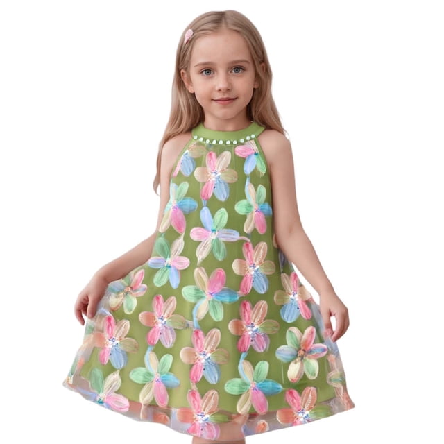 Robe Petite Fille Sans Manches Robes d'Été pour Filles Robe Évasée à Volants Florale pour Filles Robe de Fête