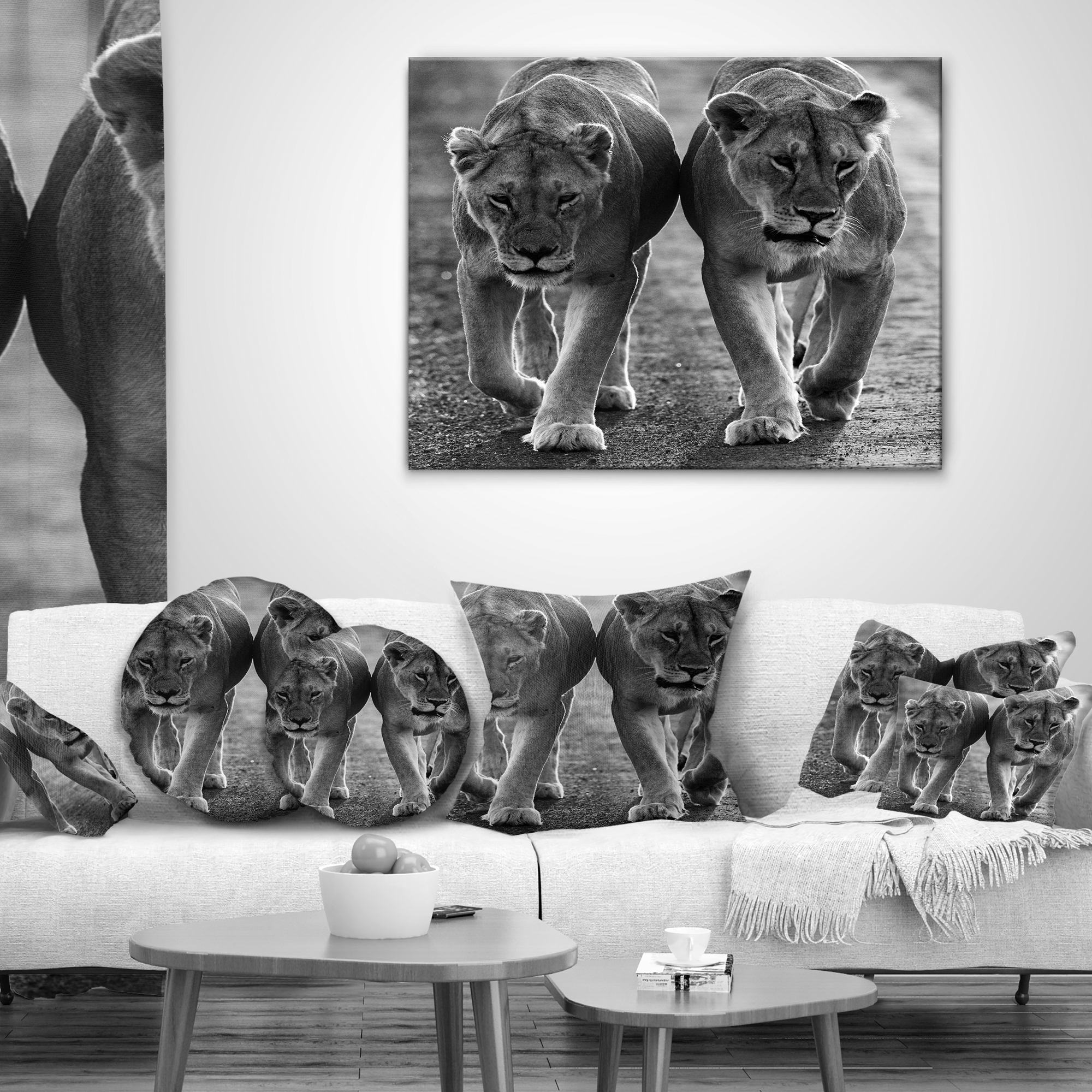 Designart Lions in Black and White - Animal Photo Throw Pillow - 16x16
