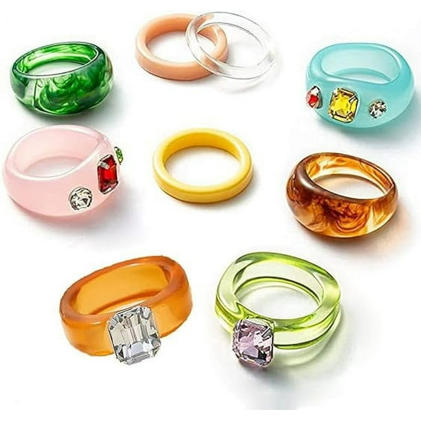 9 Uds. De anillos gruesos coloridos acrílicos Retro de resina, bonitos anillos gruesos apilables con gemas cuadradas de resina de plástico y diamantes de imitación coloridos a la moda