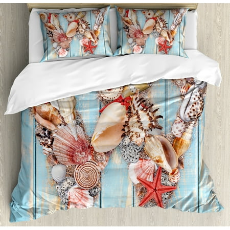 Tropical Queen Bedding Sets Letter W Queen Size Duvet Cover Set, Oceanic Composition Tropical Seashells Nature Maritime Theme Print, Decorative 3 Piece Bedding Set with 2 Pillow Shams, Pale Blue Ivory Dark Coral, by Ambesonne ()