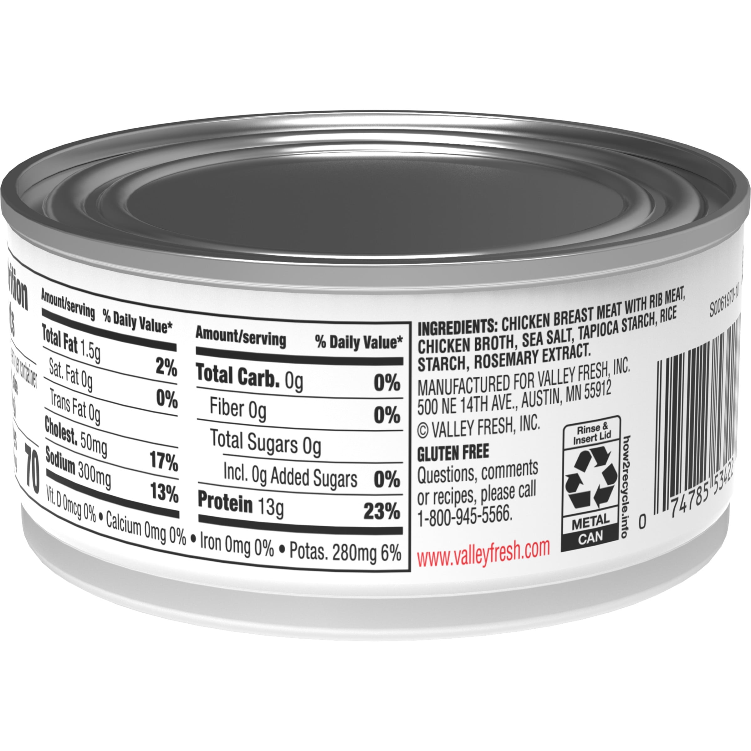 (4 pack) VALLEY FRESH 100% Natural* Chicken Breast with Rib Meat in Water, Shelf Stable, 10 oz Steel Can