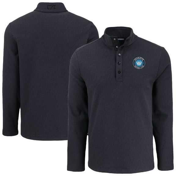 Men's-Cutter & Buck  Black Charlotte FC Hunts Point Eco Textured Fleece Recycled Quarter-Snap Sweatshirt