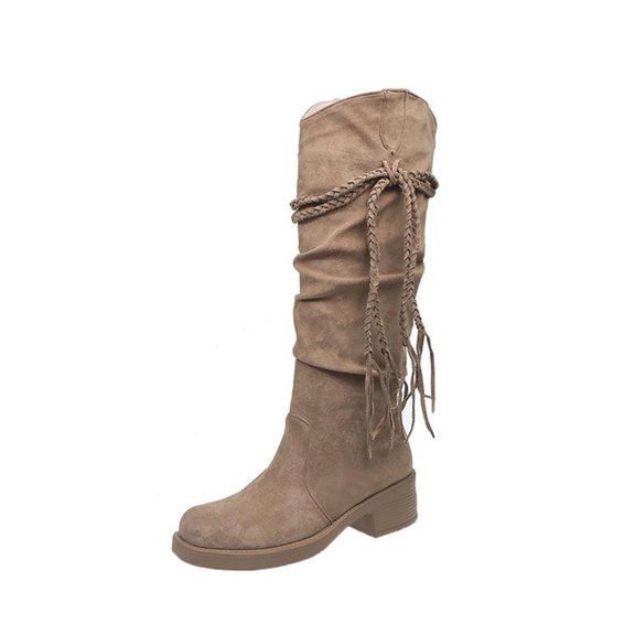 Xfvqtps Womens Slouchy Boho Boots with Tassel Winter Fashion Knee High Boots Low Block Heel Comfortable Stretch Suede Casual Boots Khaki