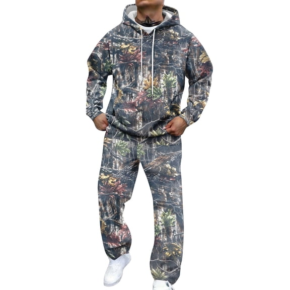Nokdvo Mens Sweatsuit Camouflage Maple Leaf Sets with Pocket Long Sleeve Outfits Oversized Fashion Jogging Lounge Outfits Tracksuit,Green XL