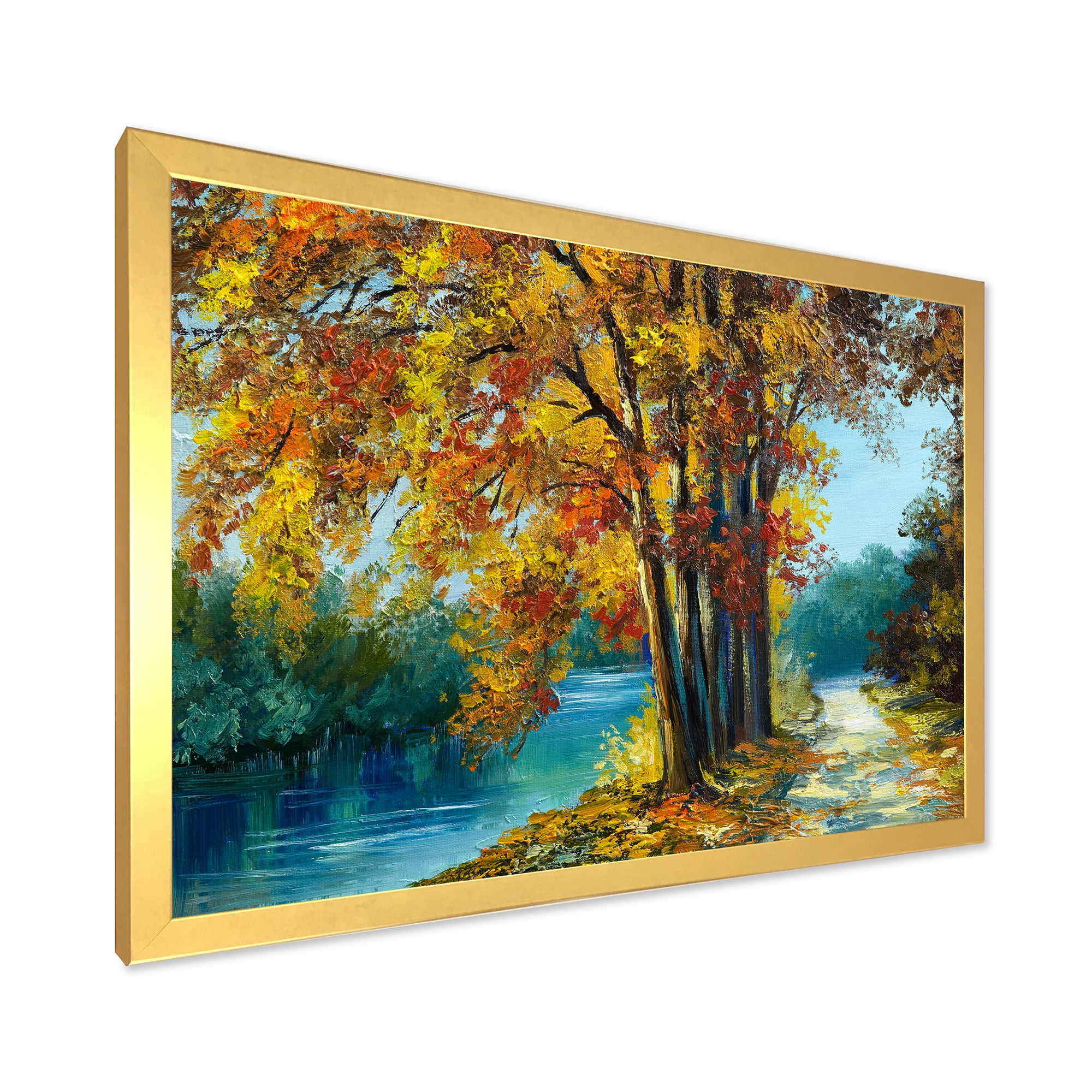 Designart 'Abstract Trees In Warm Autumn Colors By Bright Blue River' Traditional Framed Art Print