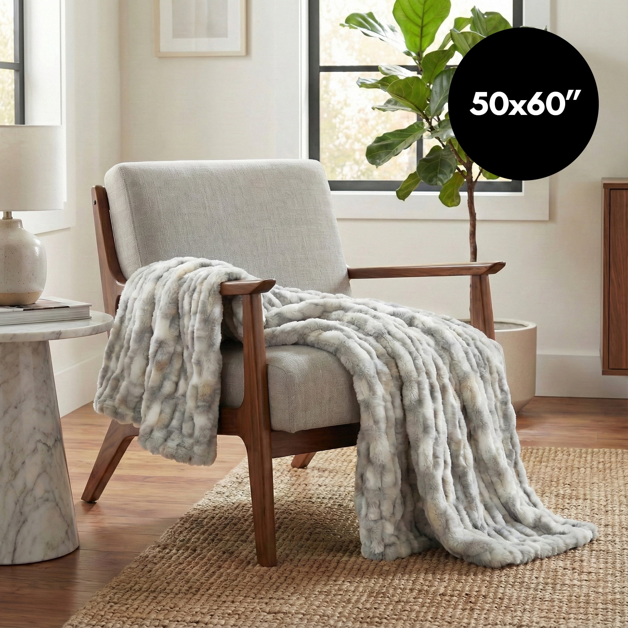 Faux Fur Throw Blanket - 50x60 Inch Luxury Rouched Design - Soft Plush Blanket for Couch, Sofa, and Bed - Premium Warm Cozy Home Decor - Rabbit