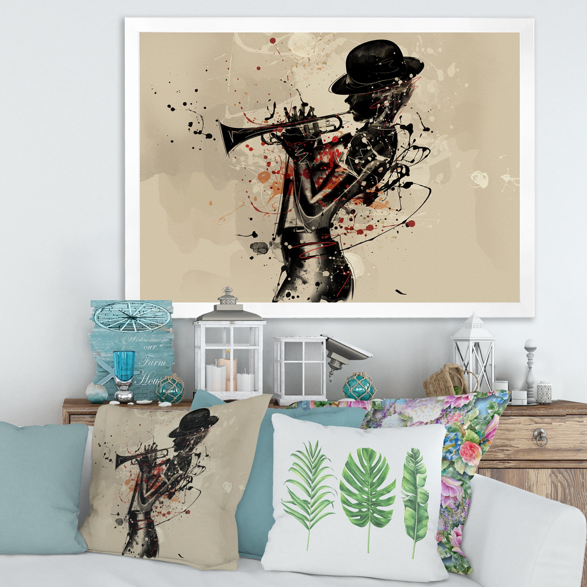 Designart 'Girl Playing Jazz Trumpet' Modern Framed Art Print