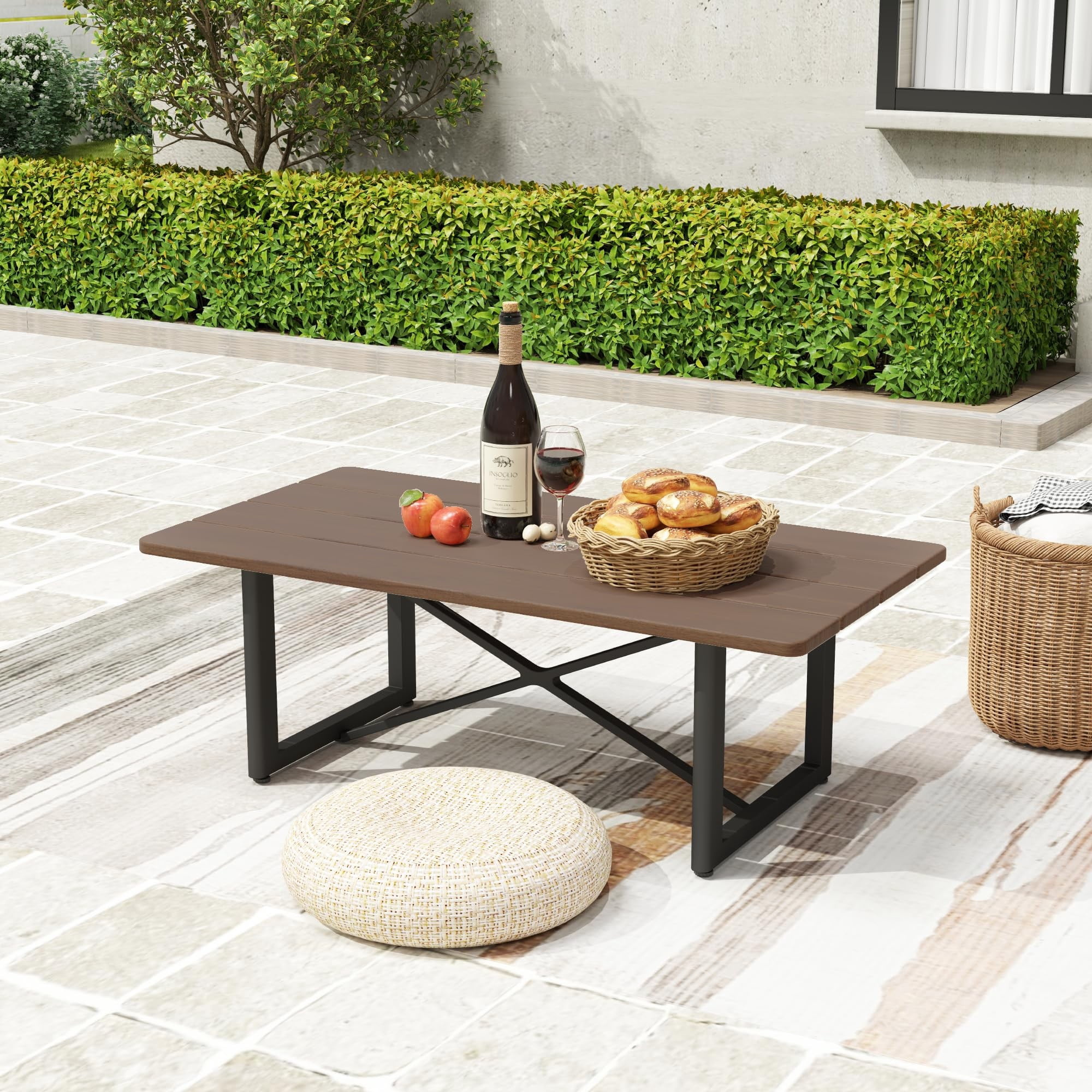 Aluminum Outdoor Patio Coffee Table with Acacia Wood Top, Rectangle Table, Weather-Resistant for Garden, Balcony, Backyard