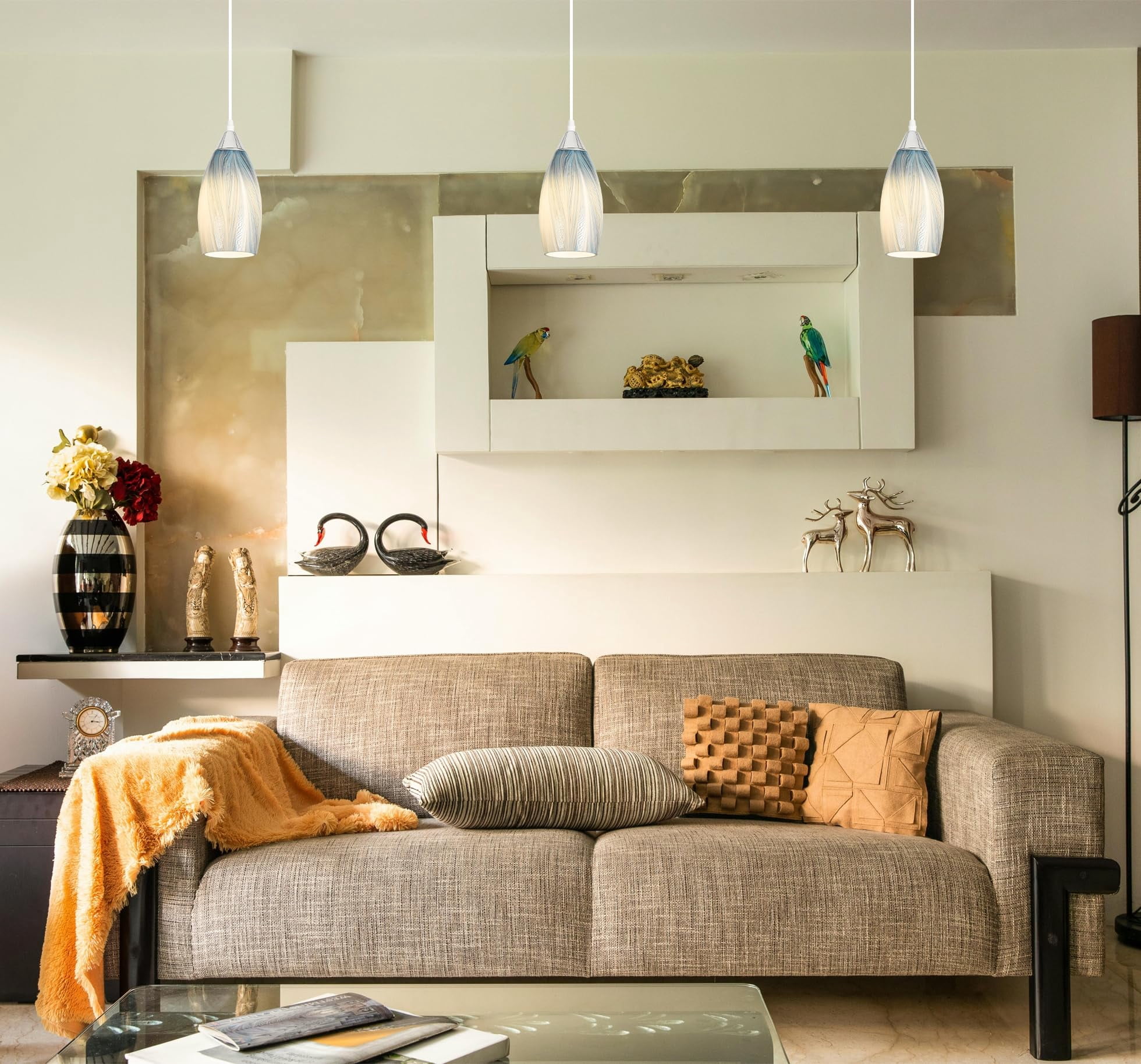 Kiven Plug in Pendant Light, Farmhouse Hanging Light Fixture with Art Glass Lampshade, E26 Socket Dimmable Pendant Lights for Bedroom Hallway Kitchen TB3232-G
