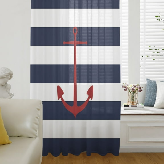 Navy Blue Striped Semi Sheer Curtains Drapes for Living Room,Bedroom,French Doors Window 54 Inches Long,Red Beach Nautical Anchor Ocean Coastal Rod Pocket Chiffon Curtain Drapery Voile Drape Panel