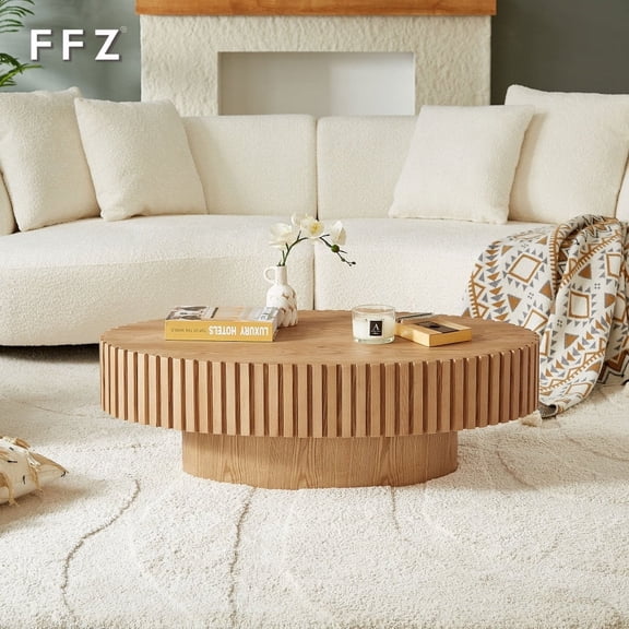 FFZ Modern Drum Coffee Table with Pedestal Base, 43.7 inch, Natural Ash