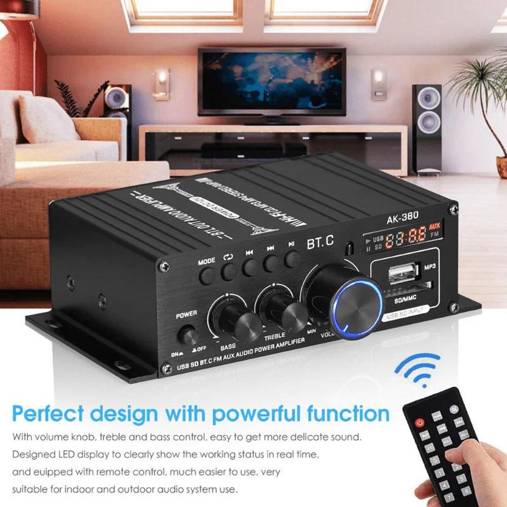 800W 2-Channel Bluetooth Mini HiFi Power Amplifier Stereo Amp for Home and Car Audio, FM Radio Compatible, Compact High-Power Audio Amplifier, Portable Music Player Sound System