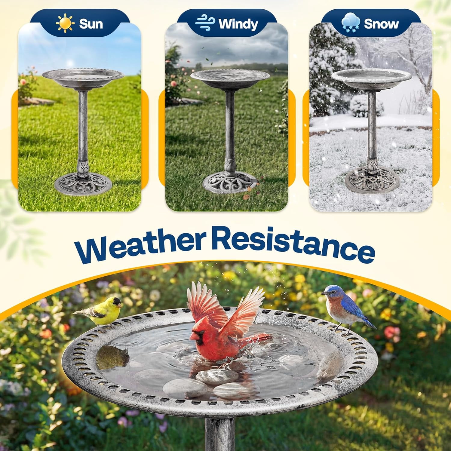 SPECSTAR Bird Bath, 28 inch Height Polyresin Lightweight Antique Outdoor Garden Birdbath Gray