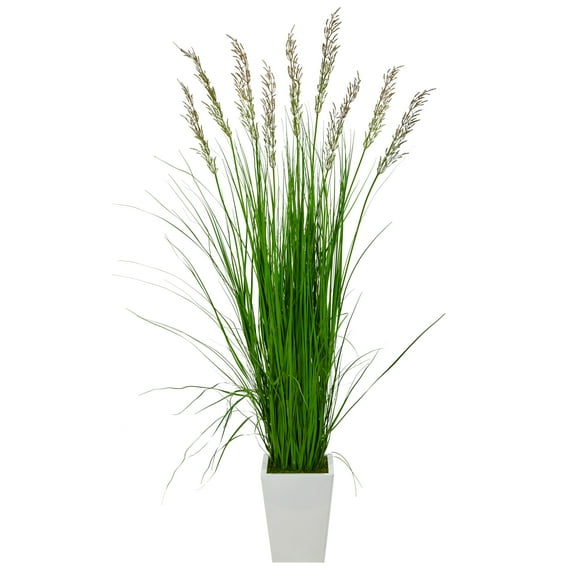 Nearly Natural 75" Grass Artificial Plant in White Metal Planter, Green