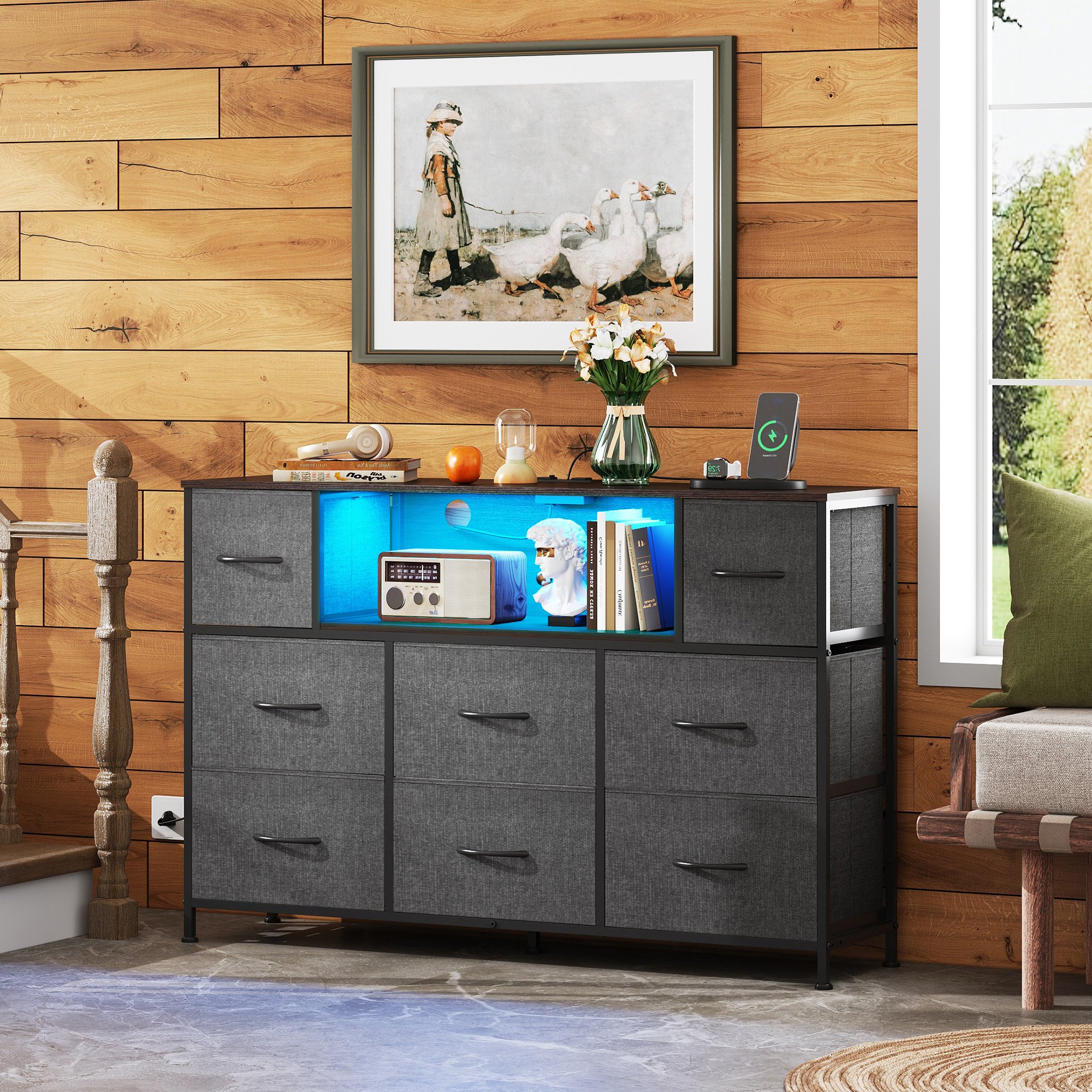 GALAXHERO 8 Drawer Large Dresser with Charging Station and LED Lights, Fabric Chest with Open Shelves, TV Stand for 55" TV, Bedroom and Living Room, Dark Grey