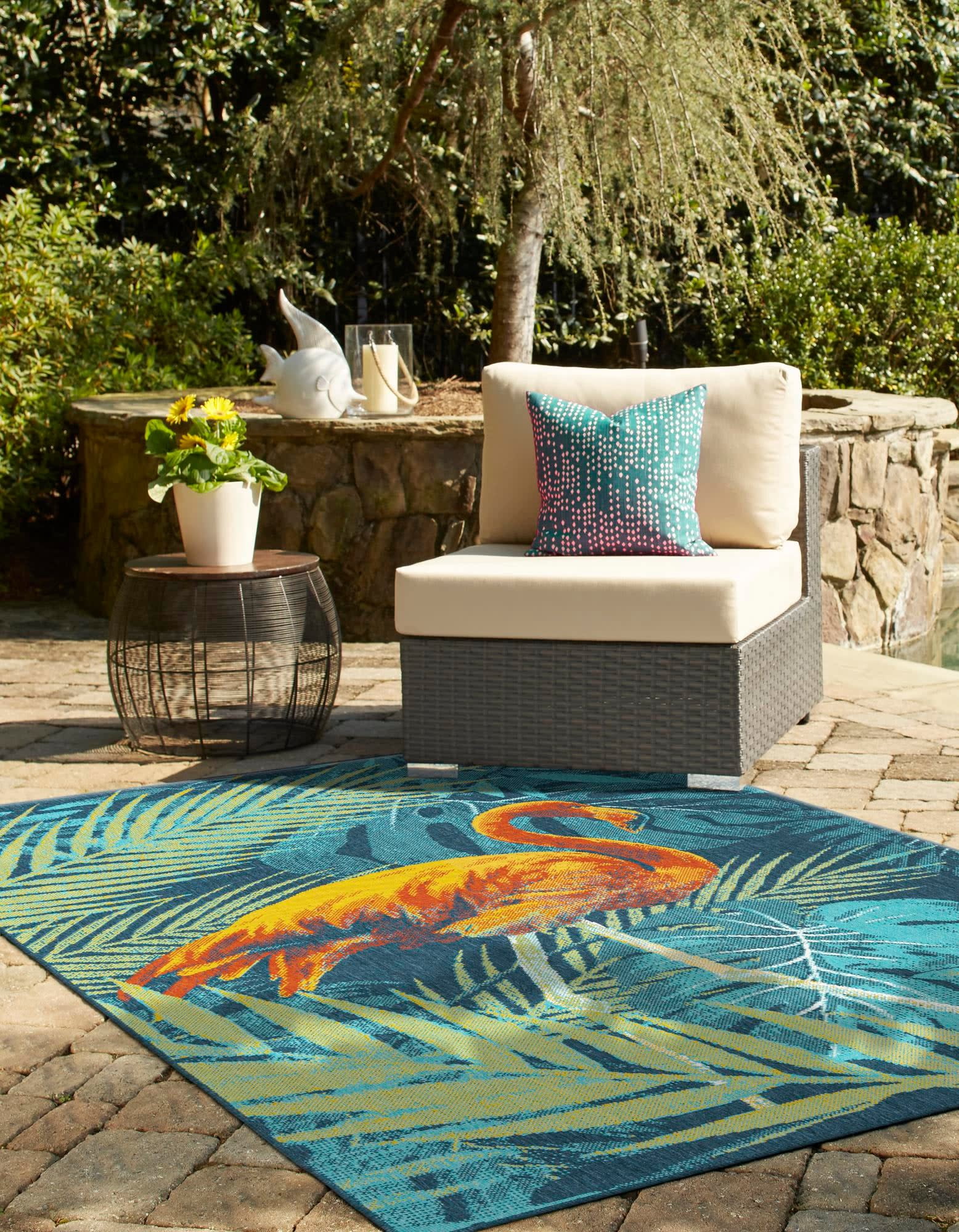 Unique Loom Outdoor Coastal Collection Area Rug - Flamingo (5' 3" x 8' Rectangle Multi/Teal)