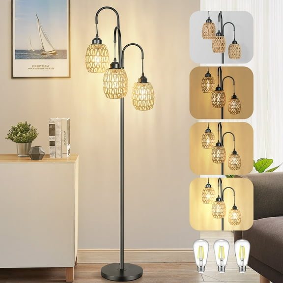 OUTON 69'' Tree Floor Lamp for Living Room Clearance, 3 Light Dimmable Tall Standing Lamp with Rattan Lampshade, Farmhouse Floor Lamp with 3 LED Bulbs for Bedroom Office, Boho