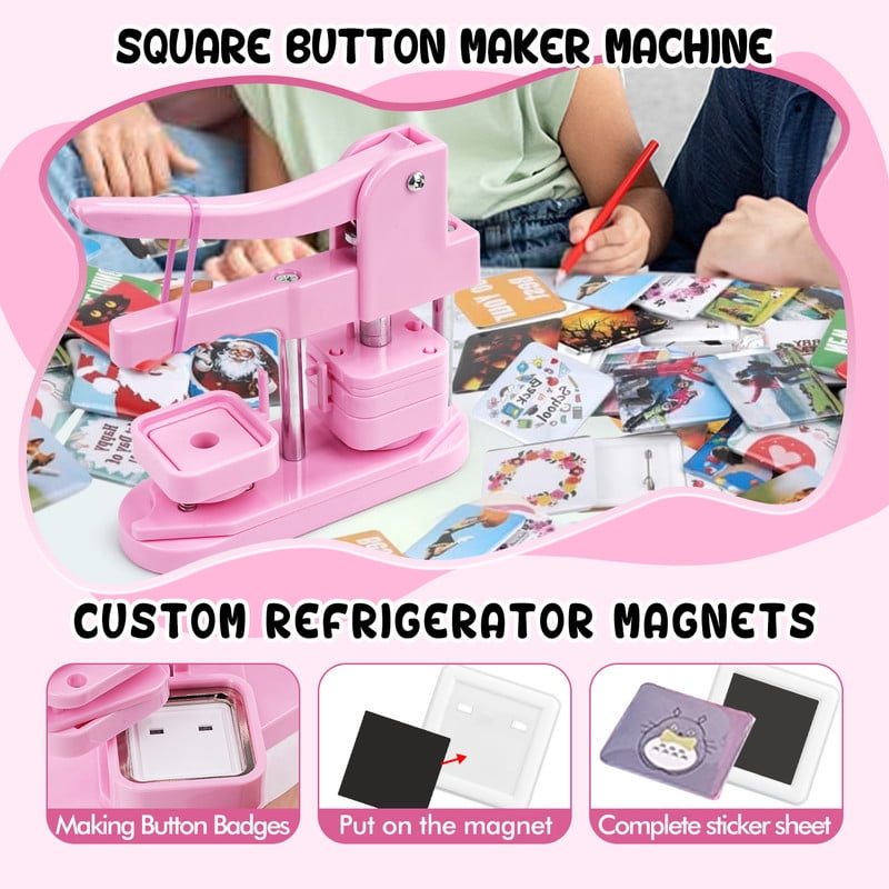 Square Button Maker Machine with 100 Sets of Button Supplies Parts, 50 * 50mm Hand Press Pin Badge Making DIY Craft Items, Pink