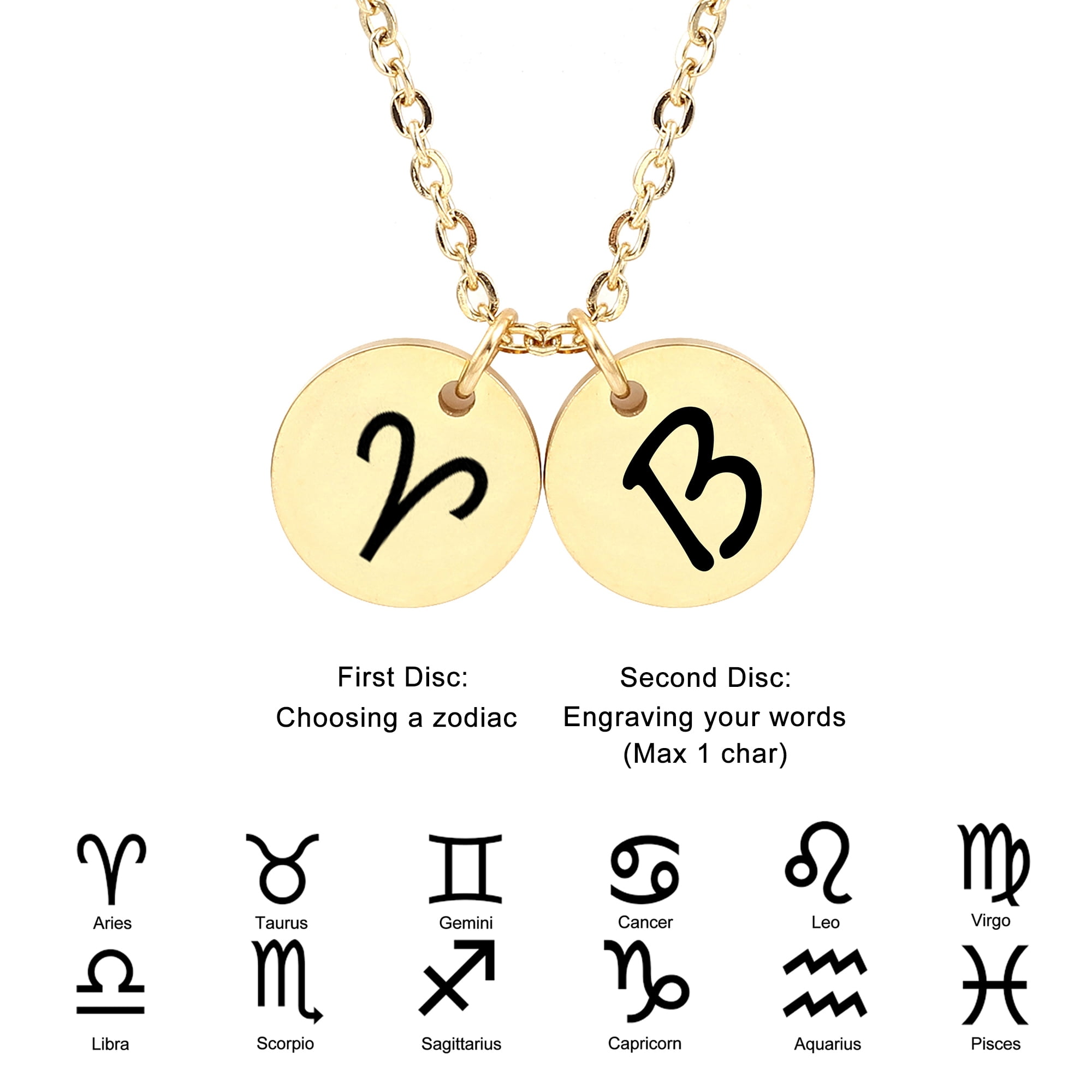 Personalized Round Constellation Initial Necklace - Engraved Zodiac Symbol Jewelry - Christmas Gift for Her - Stainless Steel - 18" Chain - Gold Aries