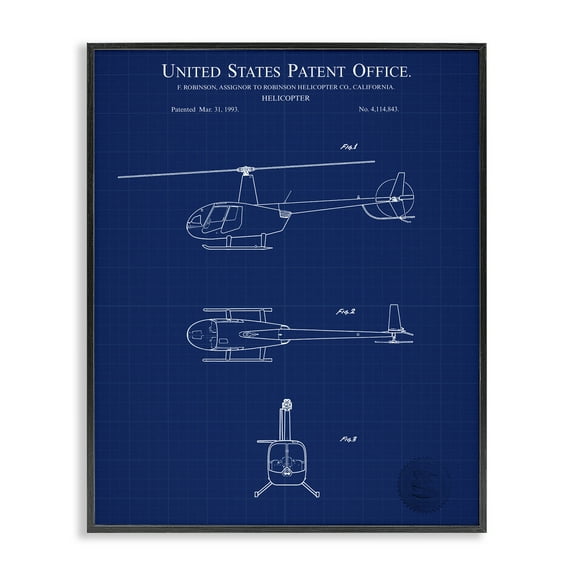 Stupell Industries Detailed Helicopter Blueprint Transportation Painting Black Framed Art Print Wall Art, 11 x 14