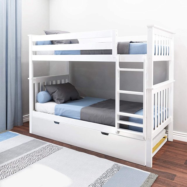 BEDSMART Lits Superposés Simple sur Simple en Bois Massif avec Tiroir-Lit / Blanc