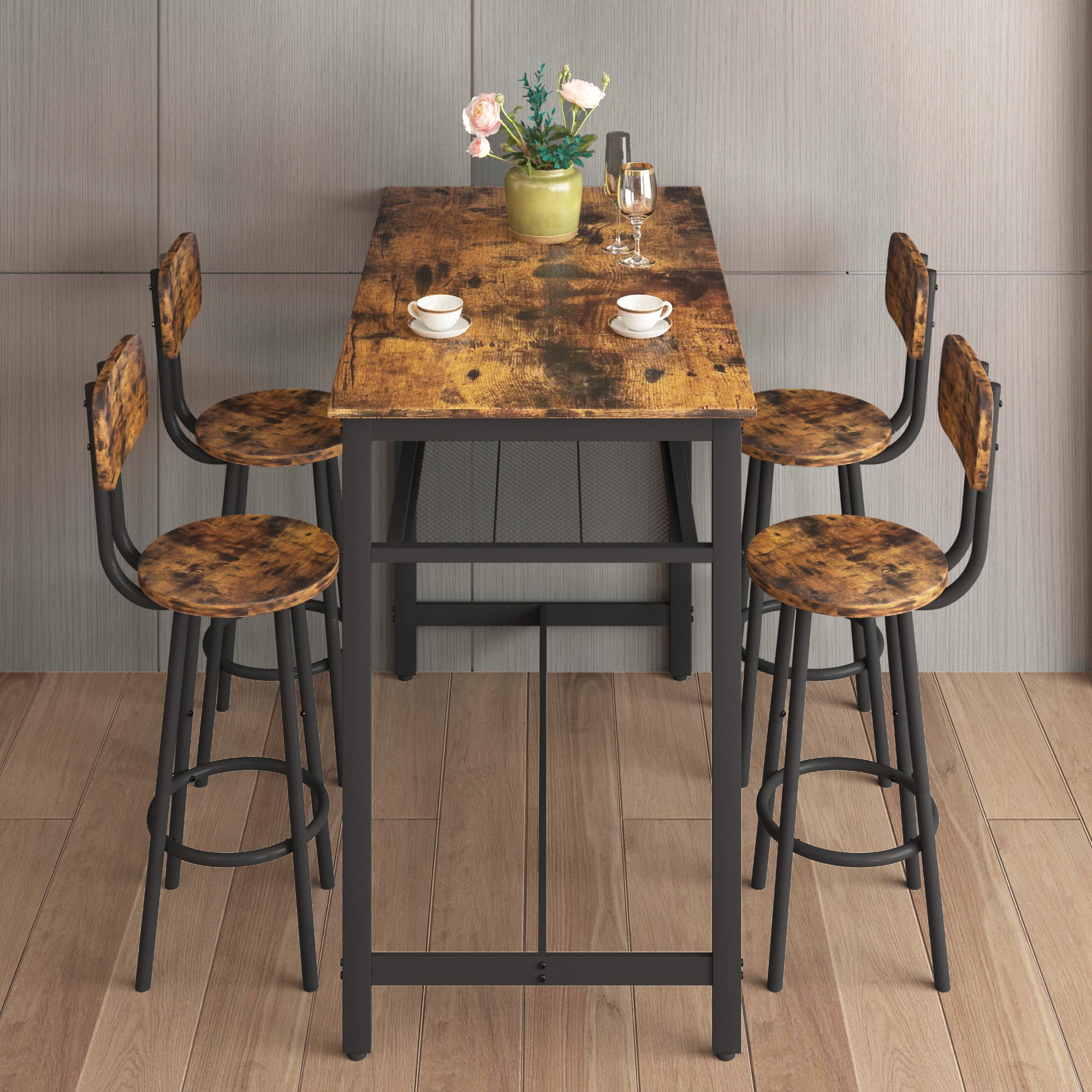 Dining Table Set for 4,5 Piece Bar Table and Chairs Set,Counter Height High Breakfast Table Chairs Set for Dining Room, Kitchen, Bar, Apartment,Brown