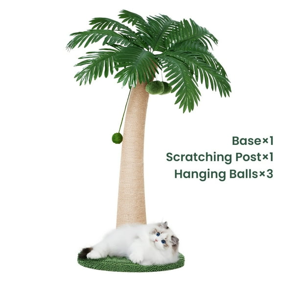 43 Inches Large Cat Scratching Post - Sisal Scratcher, 3 Hanging Pompoms, Tall Round Base for Indoor Cats