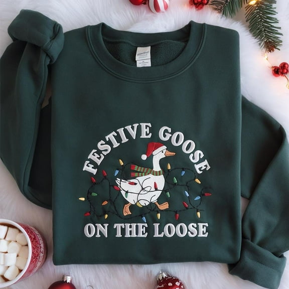 Festive Goose on the Loose Christmas Embroidered Sweatshirt, Funny Goose Holiday Shirt, Cute Xmas Duck Shirt, Silly Goose Christmas Sweater