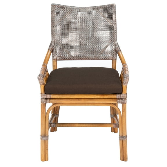 SAFAVIEH Donatella Rattan Chairs, Brown White Wash/Brown Legs/Dark Brown Cushion (22 in. W x 24 in. D x 37 in. H)