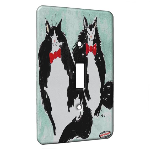 KuzmarK™ Single Gang Toggle Switch Wall Plate - Tuxedo Maine Coon Kitties Red Bow Ties Christmas Cat Art by Denise Every