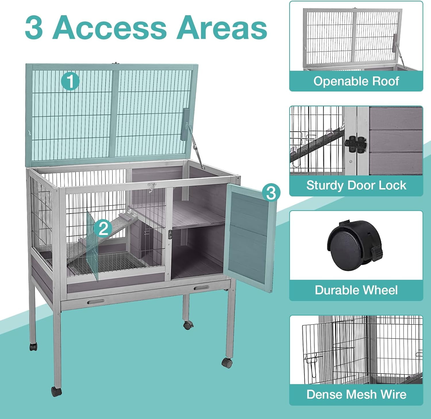BUTINGLALE Guinea Pig Cage with Wooden Stand,Indoor Rabbit Hutch with 2 Stories, Hamster Cage with Anti Chew Ramp, Hideout, Platform, Pull Out Tray (Grey+Wheel)