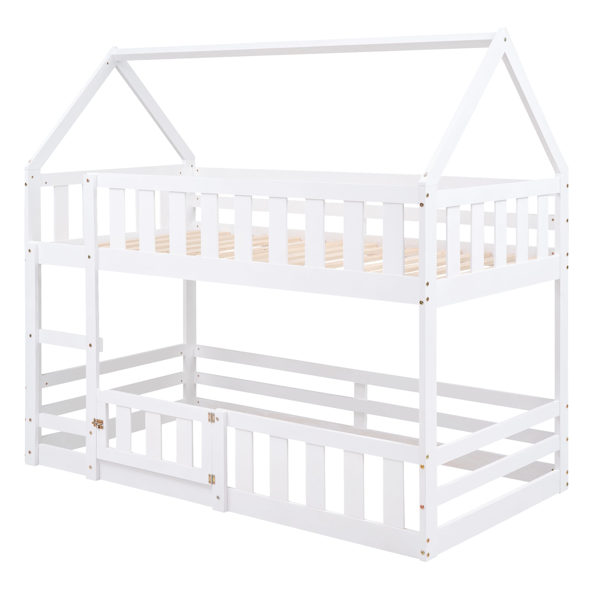 Aukfa Twin-over-Twin Bunk Bed with Fence and Door, Solid Wood House Bunk Bed for Kids Toddy - White