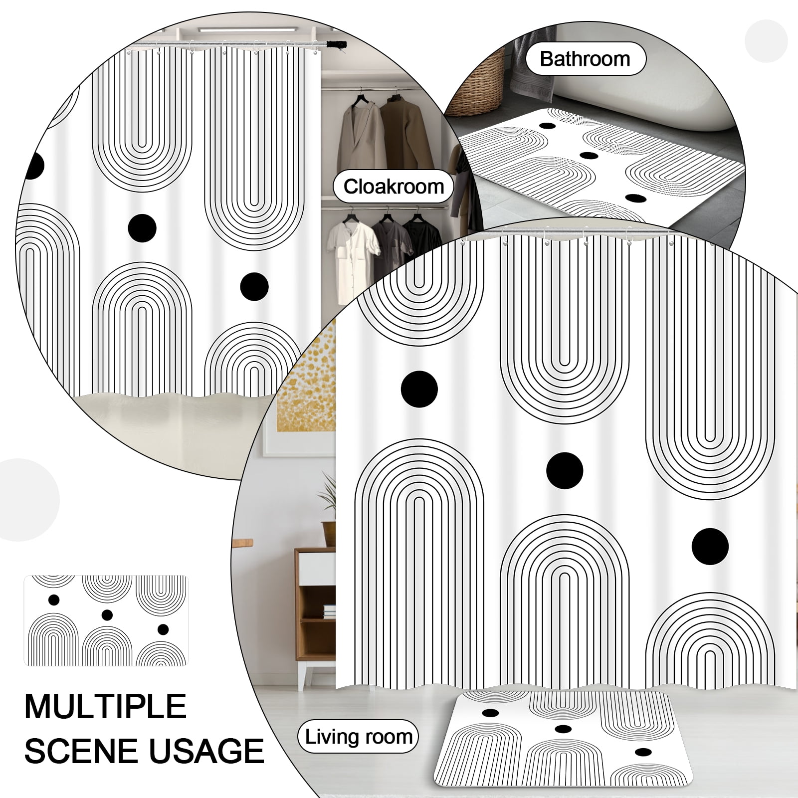Dznils Boho Fabric Shower Curtains and Bath Rug Set, Modern Bathroom Curtain Sets, White, 72" x 72"