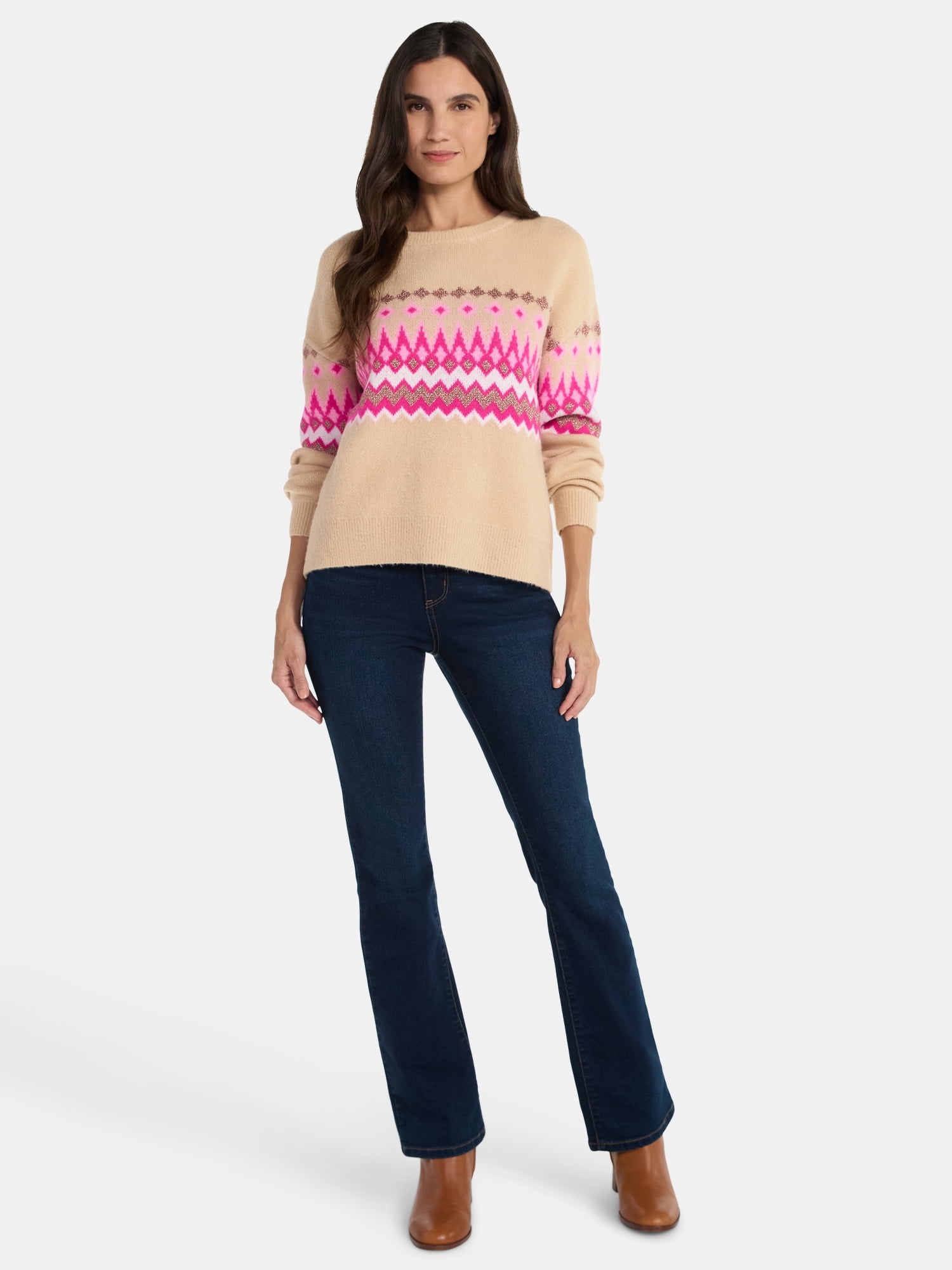 99 Jane Street Women's and Women's Plus Fair Isle Pullover Sweater, Midweight, Sizes XS-4X