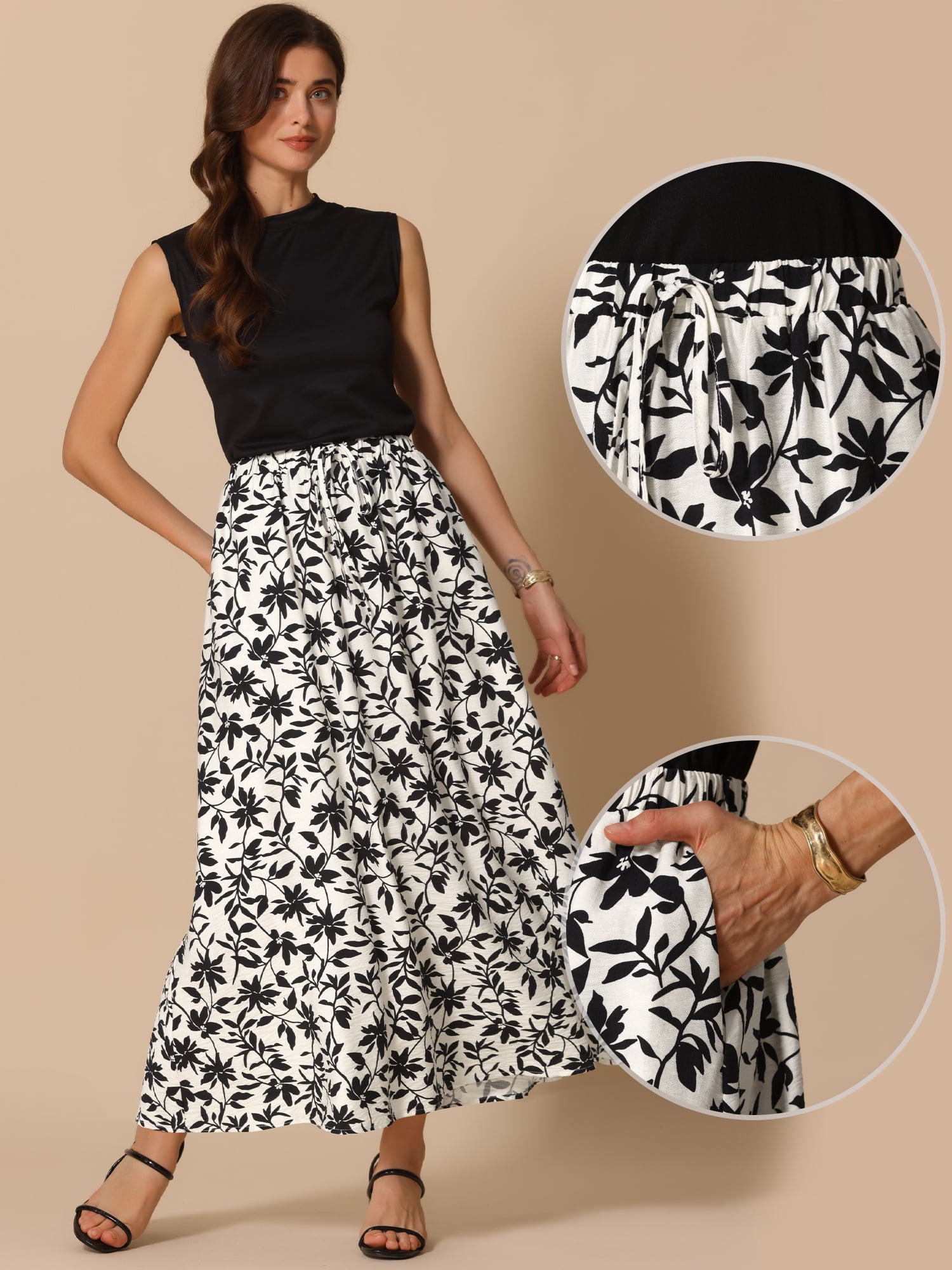 DARING DIVA Women's Floral Summer Elastic High Waisted A-Line Maxi Skirts L Black