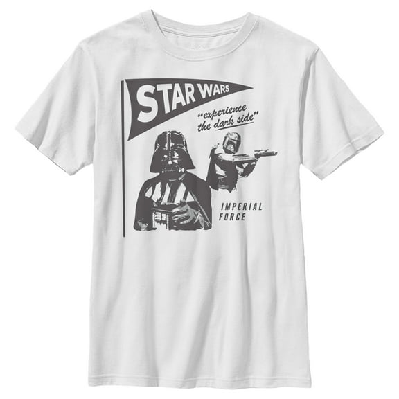Boy's Star Wars: A New Hope Darth Vader and Boba Fett Experience the Dark Side Retro Graphic Tee White Small