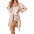 thumbnail image 1 of Women's 3pcs Satin Pajamas Set Cami Top and Shorts Sleepwear PJs Set with Robe,Solid Champagne, 1 of 5