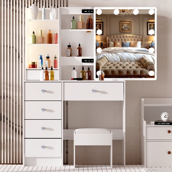 Ciumeeo Modern Makeup Vanity Desk, Crystal Knobs, White Vanity Set for Bedroom with 6Drawer Cabinet, Lighted Vanity Set with Sliding Mirror