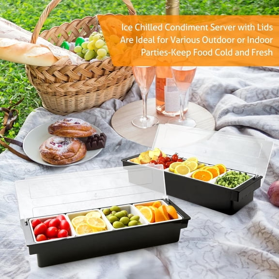 Fruit, Veggie & Condiment Caddy with Lid Dispenser Tray Garnish Station for Bartending & Serving Taco, Ice Cream, Salad Bar - Topping Organizer for Restaurant Supplies (4 Compartment, 2 Pack)